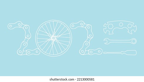 2023 Bicycle Happy New Year vector card illustration on pastel blue background