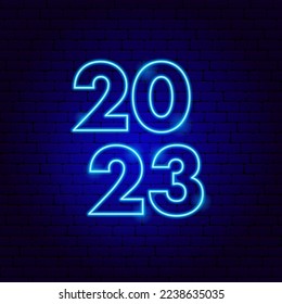2023 Blaues Neonjahr. Vektorgrafik des Konzepts des Leuchtenlampen-Feiertags.