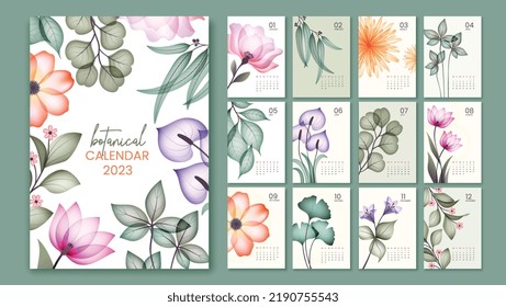 Calendario botánico 2023. Hermosas plantillas con doce meses, plantas florecientes y flores acuarelas con hojas. Elemento de diseño para impresión. Vector plano de dibujos animados aislado sobre fondo verde