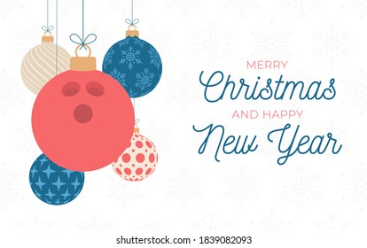 2023 Bowling holiday banner. Merry Christmas and Happy New Year flat cartoon Sports greeting card. Bowling ball as a Christmas ball on background. Vector illustration.