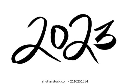 2023 brush stroke lettering. Grunge texture handwritten design element for calendar, New Year greeting card. Hand drawn black inscription.