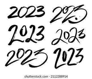 2023 brush stroke lettering set. Grunge texture handwritten design element for calendar, New Year greeting card. Hand drawn black inscription.