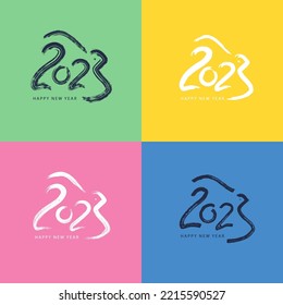 2023 brush stroke lettering set.Hand drawn number 2023 with hare silhouette.Textured 2023 logo for card, postcard, calendar, promotion, sale design template. Happy New Year symbols.