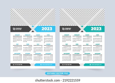 2023 business calendar and office organizer template vector. Yearly calendar design with abstract shapes. Professional business calendar vector with blue and dark colors. The week starts on Sunday.