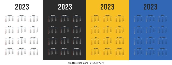 2023 business calendar one page card template. Vector set of black, white, yellow and blue calendar 12 months calendar planner for 2023 year.