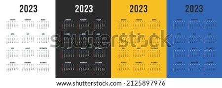 2023 business calendar one page card template. Vector set of black, white, yellow and blue calendar 12 months calendar planner for 2023 year.