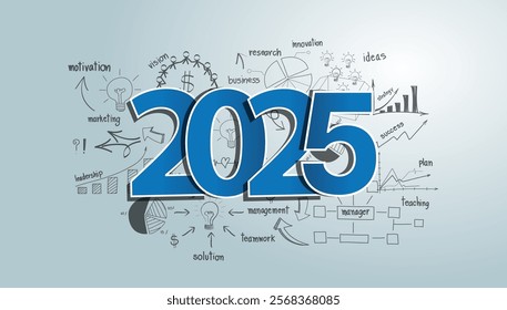 2023 business success ideas concept with creative thinking drawing charts and graphs strategy plan, Vector illustration modern template layout