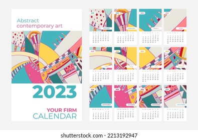 2023 calendar abstract contemporary art vector set. Desk, screen, desktop months 2023, colorful 2023 calendar template, agenda pattern. Psychedelic calendar, day planner starts Sunday. 12 month pages.