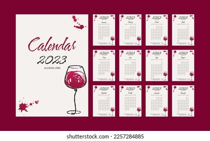 2023 calendar, alcohol checklist. Habit tracker. Quit drinking. Watercolor grunge hand drawn sketch of wine glasses. Red paint splash. Vector template. Monthly calendar for Alcoholics Anonymous. svg