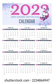 2023 Calendar. Black rabbit. Symbol of the new year. Cute Rabbit sits on the numbers 2023. Rabbit on the Chinese calendar. Week starts on Sunday. Vector illustration