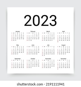 2023 calendar. Calender layout. Week starts Sunday. Desk planner template with 12 months. Monthly organizer grid in square shape. Yearly stationery diary in minimal style, English. Vector illustration