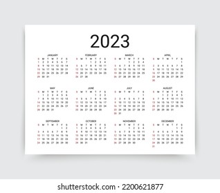 2023 calendar. Calender layout. Week starts Sunday. Desk planner template. Monthly organizer grid with 12 months. Yearly stationery diary in minimal style. Pocket or wall calendar. Vector illustration