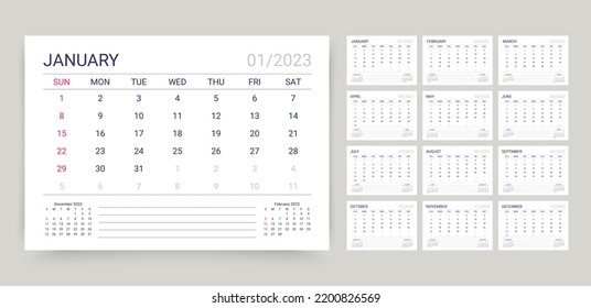 2023 calendar. Calender template. Desk planner organizer. Yearly schedule layout. Week starts Sunday. Table monthly grid with 12 month. Vector illustration. Horizontal simple design. Paper size A5