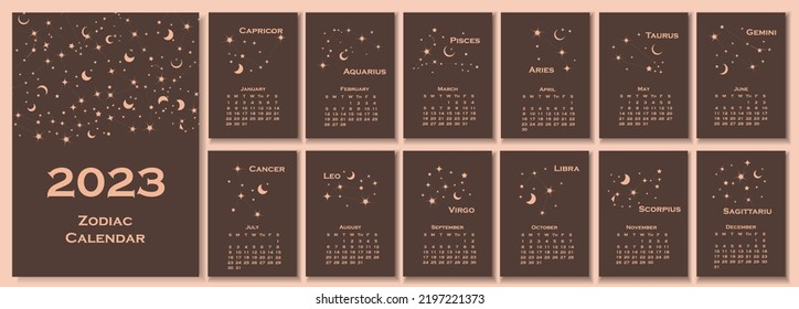 2023 calendar. Calendar concept design with constellation of the zodiac. Vector illustration. Set of 12 calendar pages.