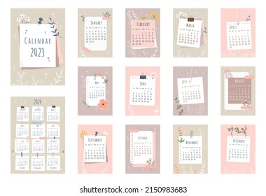 calendario 2023. Portada, conjunto de páginas de 12 meses y página con calendario 2024. Trozos de papeles, flores de colores, contornos florales de estilo plano. La semana comienza el domingo. Ilustración vectorial.