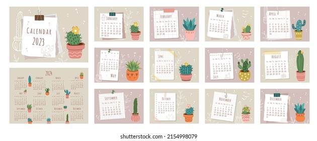 2023 calendar. Cover, set of 12 months pages and page with 2024 calendar. Pieces of papers, different types of cacti and cacti contours in flat style. Week starts on Sunday. Vector illustration.