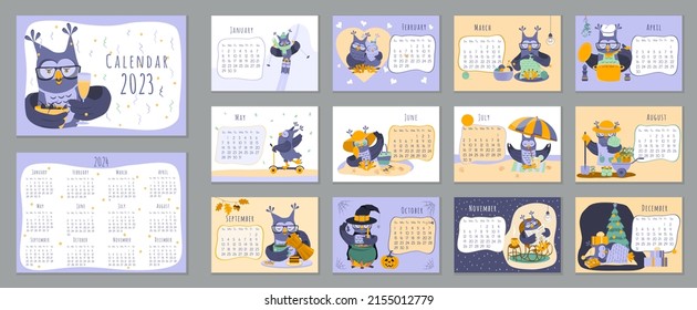 2023 calendar. Cover, set of 12 months pages and 2024 simple calendar. Funny Cartoon owl character in different poses. Week starts on Sunday. Vector illustration, horizontal A4 format.