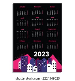 2023 calendar dark and black theme or color, for interior elements, dark theme calendar, one page calendar for simple souvenir