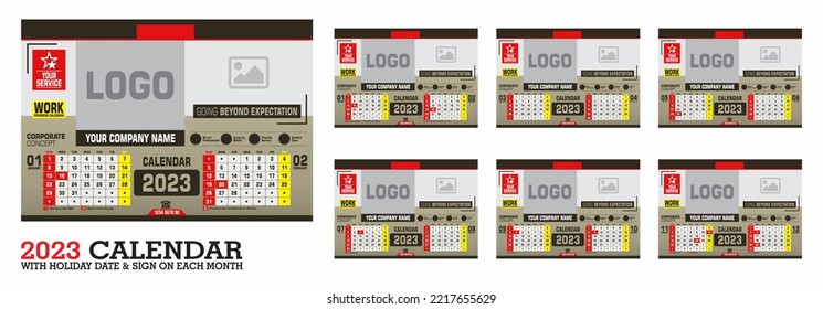 2023 Calendar design 02 with holiday color and sign editable vector