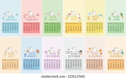 2023 Calendar Design. Cute Cartoon in the Colorful Background of the 2023 Calendar, Perfect on Screen for iPhone, Smartphone, or Mobile Phone.