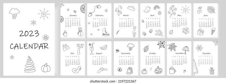 Diseño del calendario 2023. Diseño del calendario Doodle estilo mínimo, organizador anual. Ilustración del vector