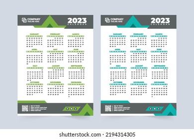 2023 calendar design with green and blue color shade. Business yearly wall calendar and office stationery template vector. The week starts on Sunday. New year calendar vector with abstract shapes.