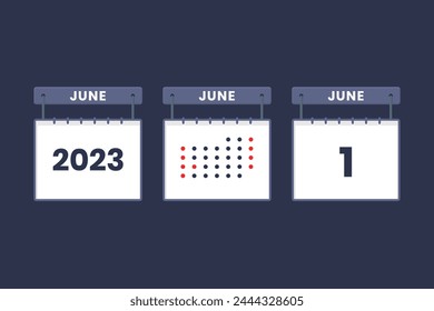 2023 calendar design June 1 icon. 1st June calendar schedule, appointment, important date concept.
