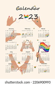 2023 calendar design with lgbt symbol. Hand drawn calendar planner annual organizer. Vector illustration.