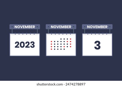 2023 calendar design November 3 icon. 3rd November calendar schedule, appointment, important date concept.
