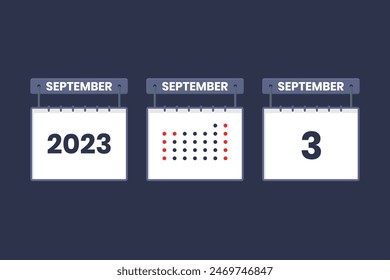 Icono del 3 de septiembre de 2023. 3 de septiembre calendario horario, cita, fecha importante concepto.