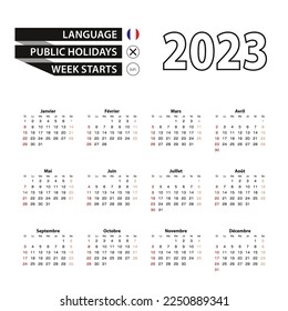 2023 calendar in French language, week starts from Sunday. Vector Illustration.