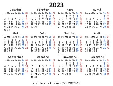 2023 calendar, French, Monday. Vector template for A4 or A5 paper. One page per year. Translated as: January, February, March, April, May, June, July, August, September, October, November, December
