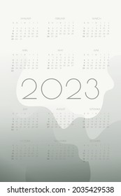 calendario 2023 con formas de onda de fluido gradiente gris. plantilla anual vertical para impresión y digital. La semana empieza el domingo