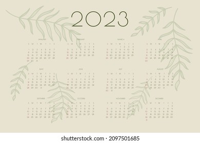 2023 calendar with hand drawn leafs and branchs, planner organizer template in green natural eco style .