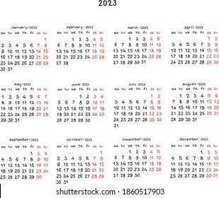 2023 Calendar Handwritten Stock Vector (Royalty Free) 1860517903 ...