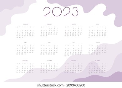 plantilla horizontal de paisaje de calendario 2023 con elementos lila y rosa ondulados. La semana comienza el domingo