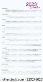 2023 Calendar - Horizontal Table Text - Vector