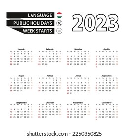 2023 calendar in Hungarian language, week starts from Sunday. Vector Illustration.