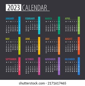 2023 Calendar - illustration. Template. Mock up Week starts Monday