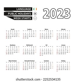 2023 calendar in Irish language, week starts from Sunday. Vector Illustration.