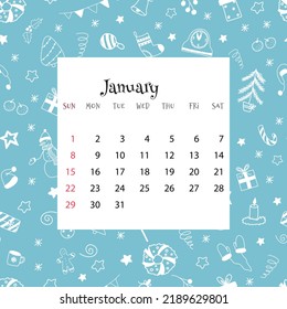 2023 Calendar for January. Vector illustration of month calendar on blue background with doodles. Seamless winter pattern with month grid in cartoon flat style