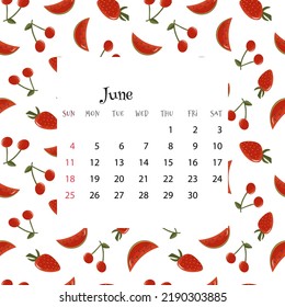 Calendario de 2023 para junio. Ilustración vectorial del calendario mensual sobre un patrón ininterrumpido con cerezas, sandías, fresas en estilo plano de dibujos animados. Fondo colorido con cuadrícula mensual
