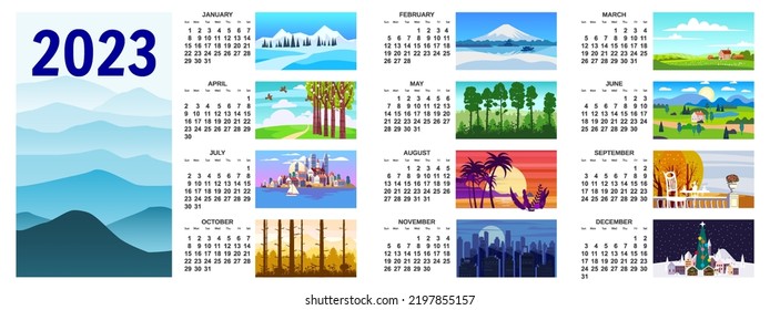 2023 Calendar landscape natural backgrounds of four seasons