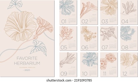 Diseño del calendario 2023 sobre un tema botánico. Diseño de calendario con flores de estilo vintage. Conjunto de 12 meses 2023 páginas. Ilustración del vector