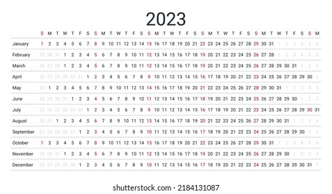 2023 Calendar. Linear Horizontal Planner For Year. Yearly Calender Template. Week Starts Sunday. Annual Schedule Grid With 12 Months. Landscape Orientation, English. Simple Design. Vector Illustration