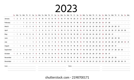 2023 calendar. Linear planner template. Annual organizer. Week starts Sunday. Yearly horizontal calender. Long grid with 12 months. Simple design. Landscape orientation, english. Vector illustration.