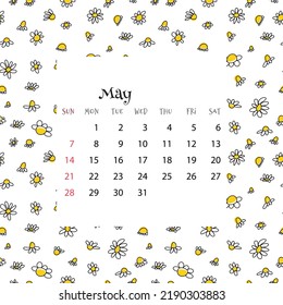 Calendario 2023 para mayo. Ilustración vectorial del calendario mensual sobre un patrón sin fisuras con daisies de doodle en estilo plano de caricatura. Fondo colorido con cuadrícula mensual