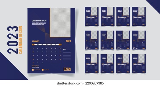 2023 calendar minimalist template or calendar a4 layout design. Week start on Sunday. Vertical editable page, annual wall calendrer grid vector illustration. Simple corporate card