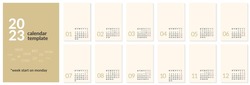 2023 Calendar Minimalist Template Or Calender A4 Layout Design. Week Start On Monday. Vertical Editable Page, Annual Wall Kalender Grid Vector Illustration. Simple Corporate Card, Clean Planner