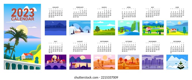 2023 Calendar minimalistic landscape natural backgrounds of four seasons